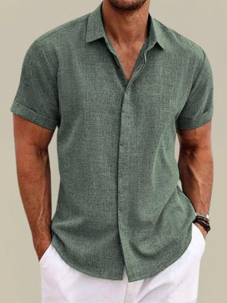Army Men's Linen Button-Up Short Sleeve Shirt — Carter Breathable Lightweight - Green Front Standing