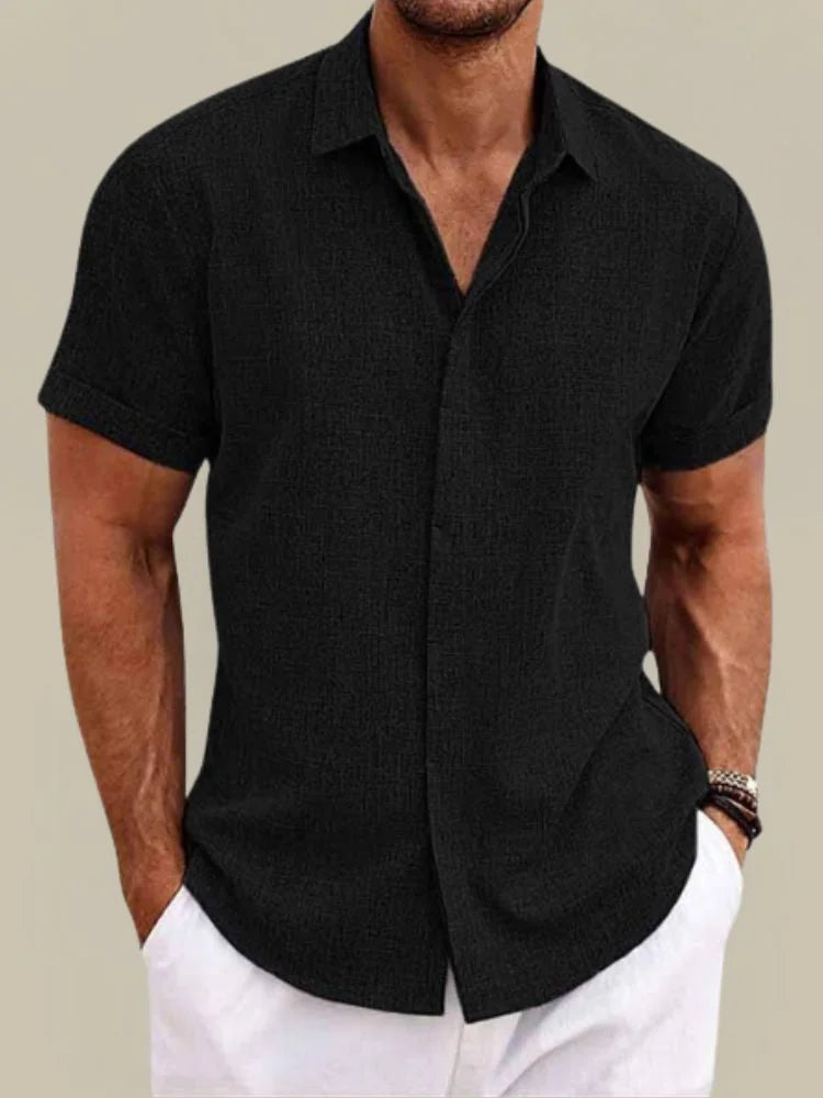 Black Men's Linen Button-Up Short Sleeve Shirt — Carter Breathable Lightweight - Front Studio