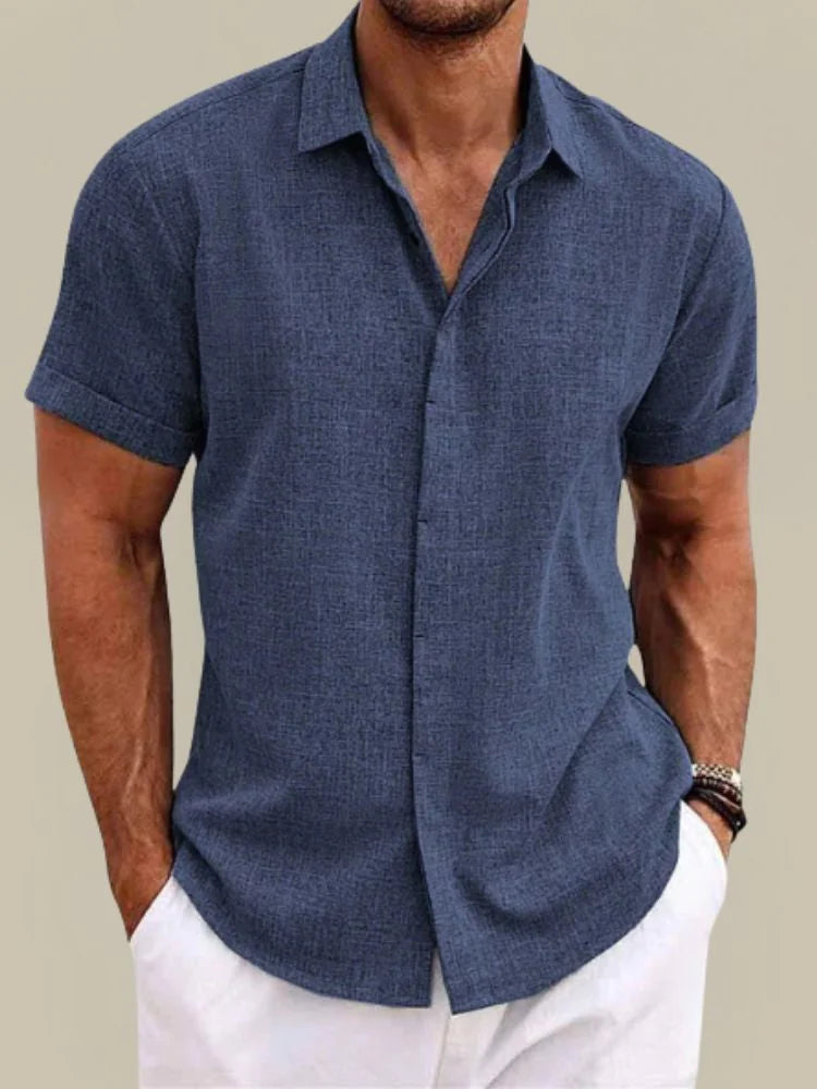Dark Blue Men's Linen Button-Up Short Sleeve Shirt — Carter Breathable Lightweight - Front Full
