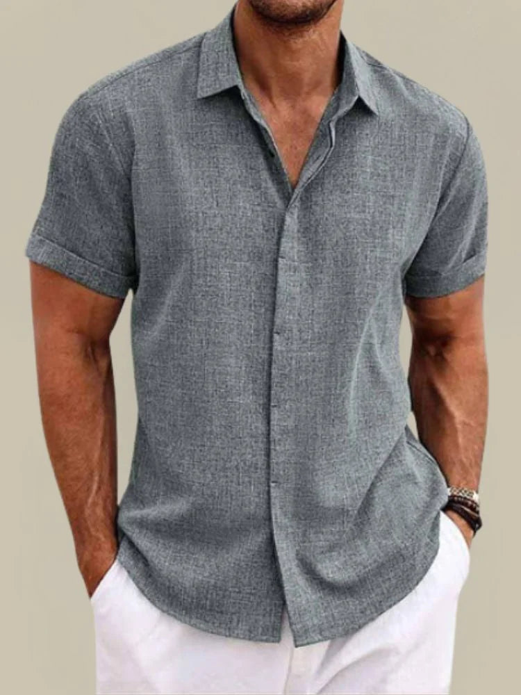 Gray Men's Linen Button-Up Short Sleeve Shirt — Carter Breathable Lightweight - Front Casual