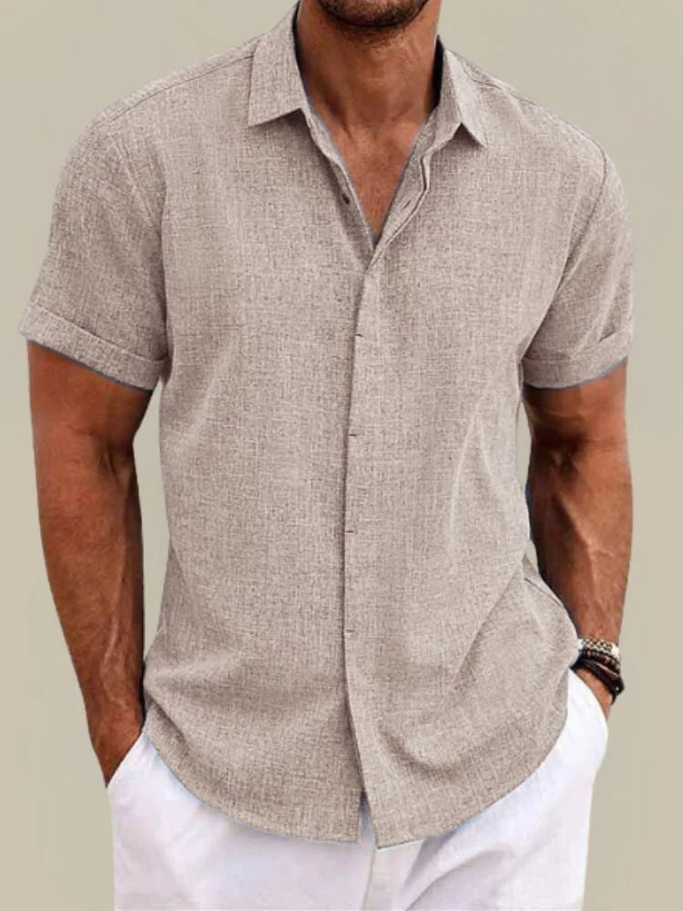 Khaki Men's Linen Button-Up Short Sleeve Shirt — Carter Breathable Lightweight - Front Relaxed