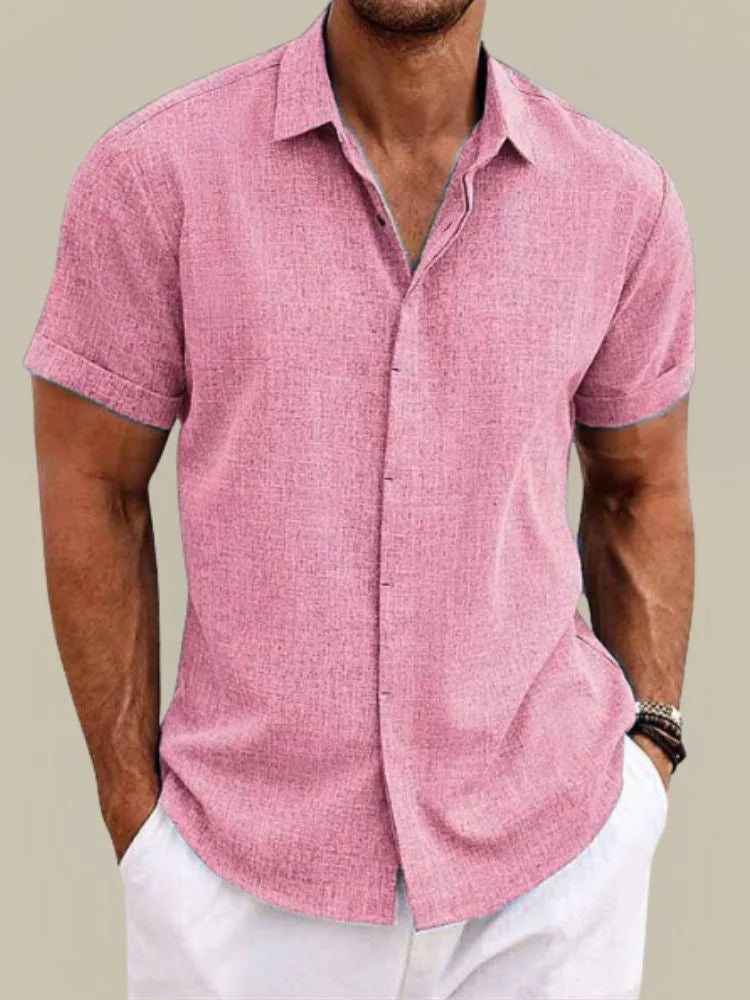 Pink Men's Linen Button-Up Short Sleeve Shirt — Carter Breathable Lightweight - Front Model