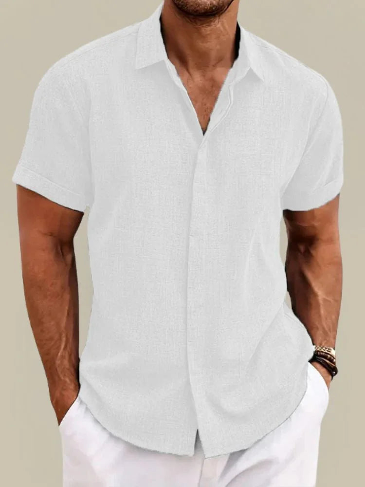 White Men's Linen Button-Up Short Sleeve Shirt — Carter Breathable Lightweight - Front Lifestyle