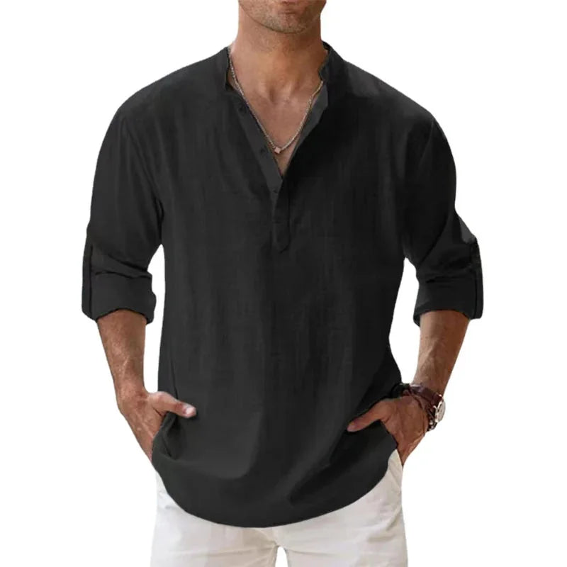 Black Men's Linen Henley Summer Shirt — Brody Button Neck Relaxed - Studio Shot