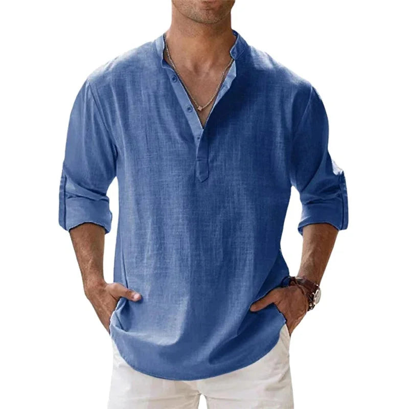 Blue Men's Linen Henley Summer Shirt — Brody Button Neck Relaxed - Front Pose