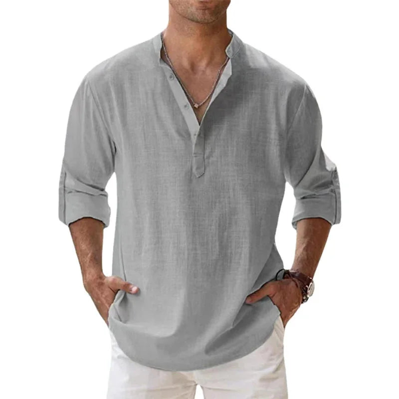 Grey Men's Linen Henley Summer Shirt — Brody Button Neck Relaxed - Model Pose