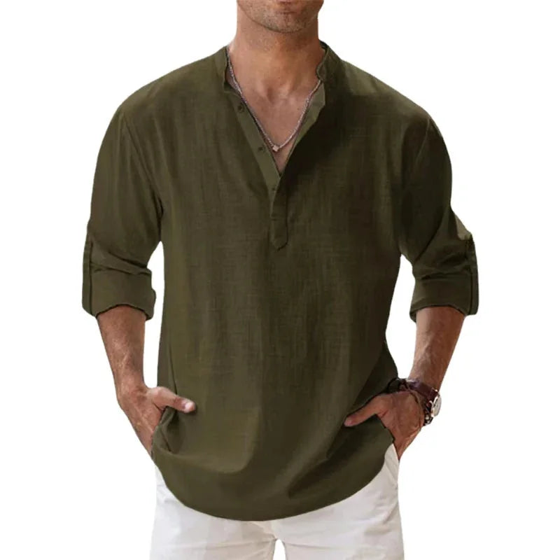 Olive Green Men's Linen Henley Summer Shirt — Brody Button Neck Relaxed - Front Casual
