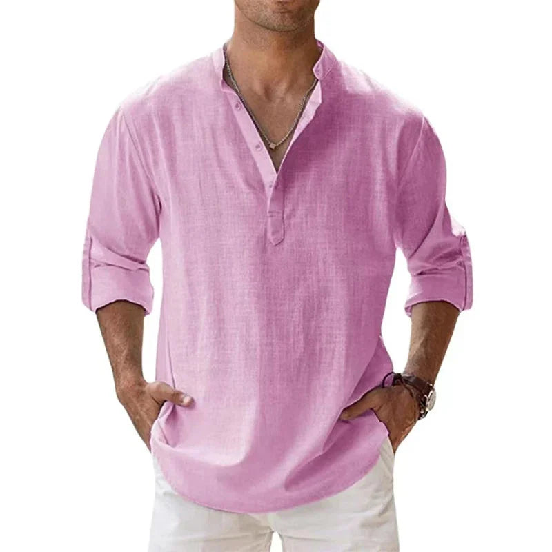 Pink Men's Linen Henley Summer Shirt — Brody Button Neck Relaxed - Casual Stance