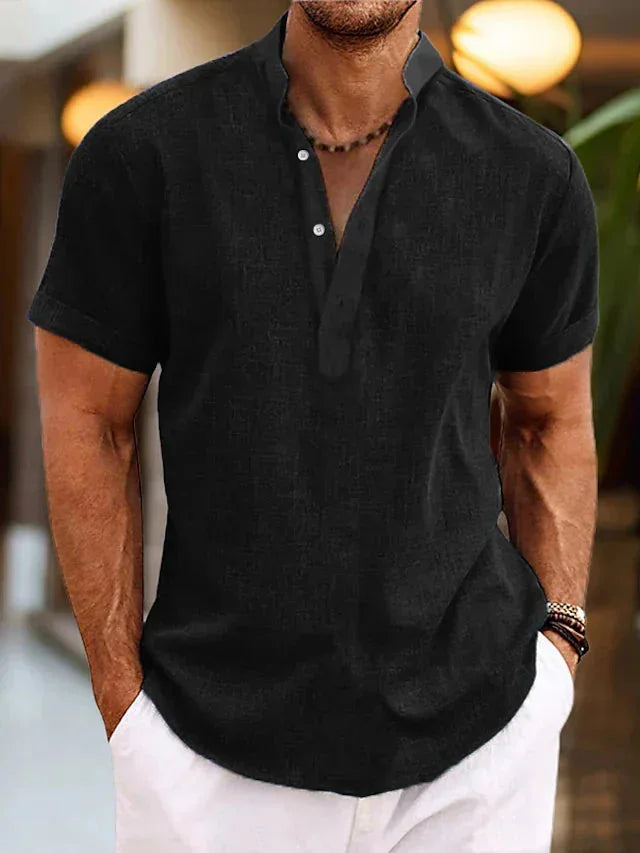 Black Men's Linen V-Neck Polo Shirt with Short Sleeves — Jack Button-Front Casual - Front Casual