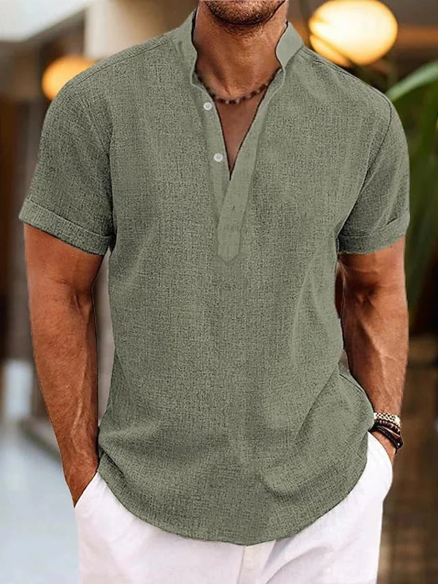 Military Green Men's Linen V-Neck Polo Shirt with Short Sleeves — Jack Button-Front Casual - Lifestyle Pose