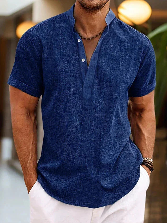 Navy Blue Men's Linen V-Neck Polo Shirt with Short Sleeves — Jack Button-Front Casual - Model Pose