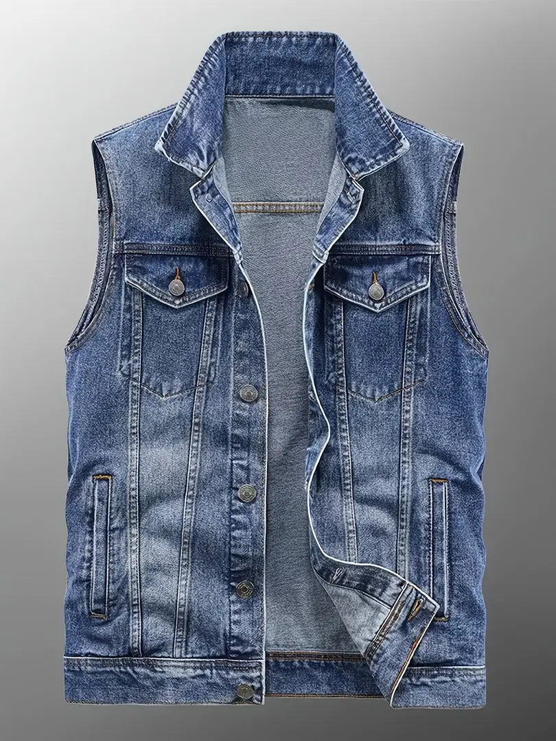 Navy Men's Denim Vest — Owen Multi-Pocket Sleeveless Jacket - Color Flat Lay Detail