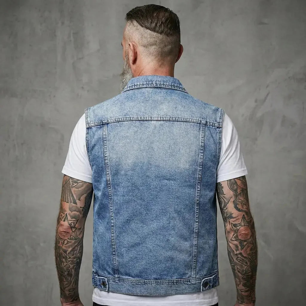 Royal Blue Men's Denim Vest — Owen Multi-Pocket Sleeveless Jacket - Back Worn Lifestyle