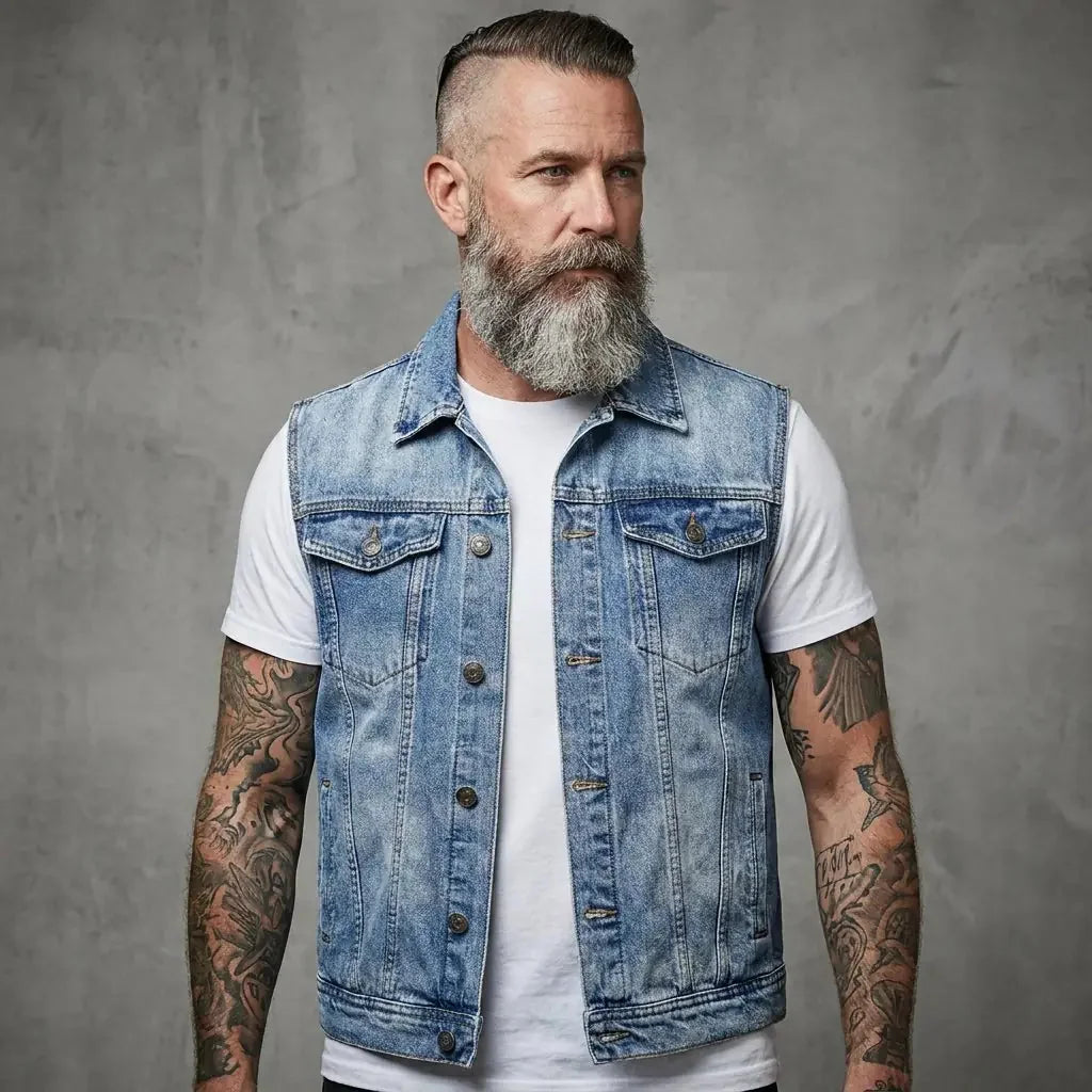 Royal Blue Men's Denim Vest — Owen Multi-Pocket Sleeveless Jacket - Front Worn Lifestyle