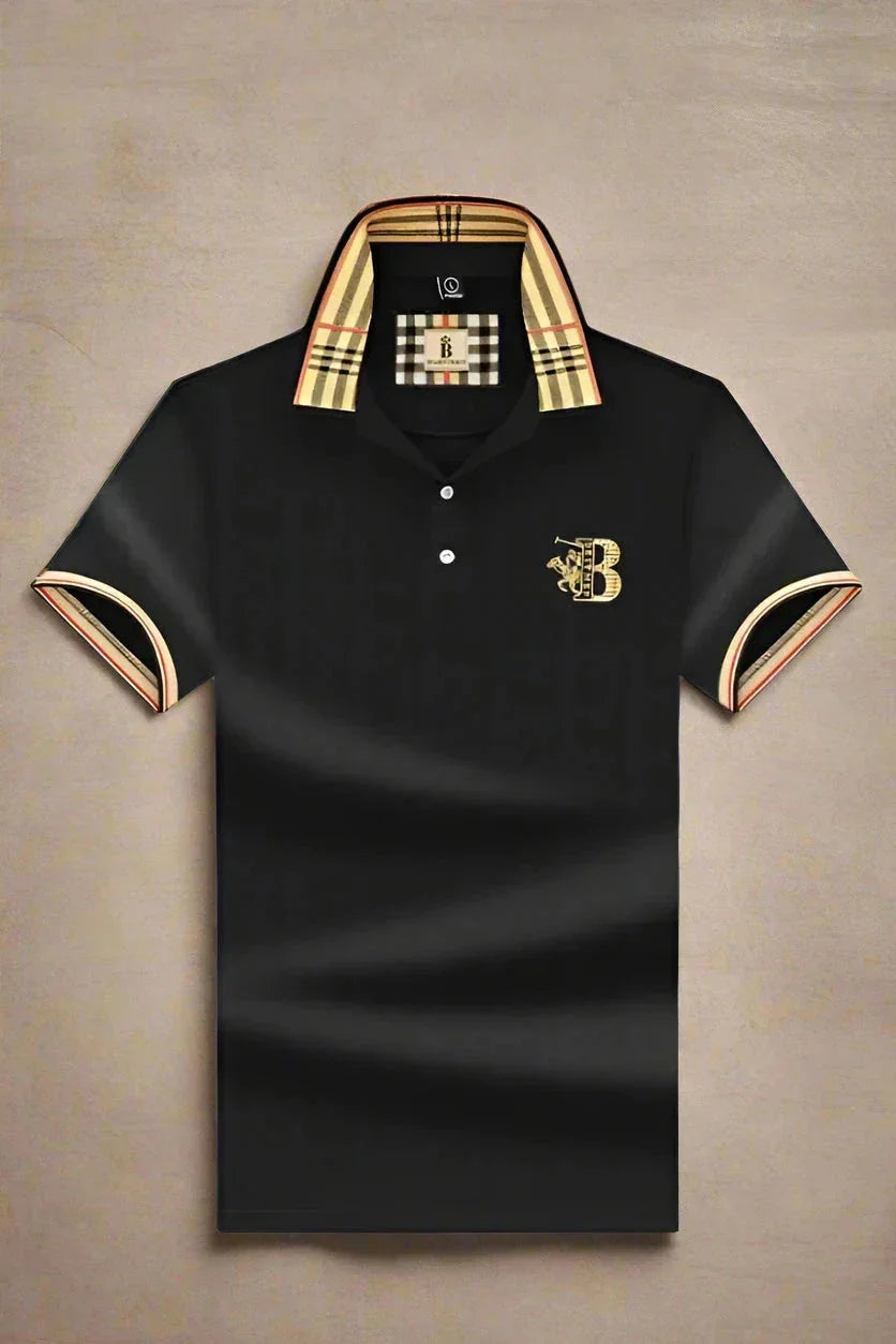 Black Men's Polo Shirt — Alfie Plaid Collar Short Sleeve - Brooks Front Studio