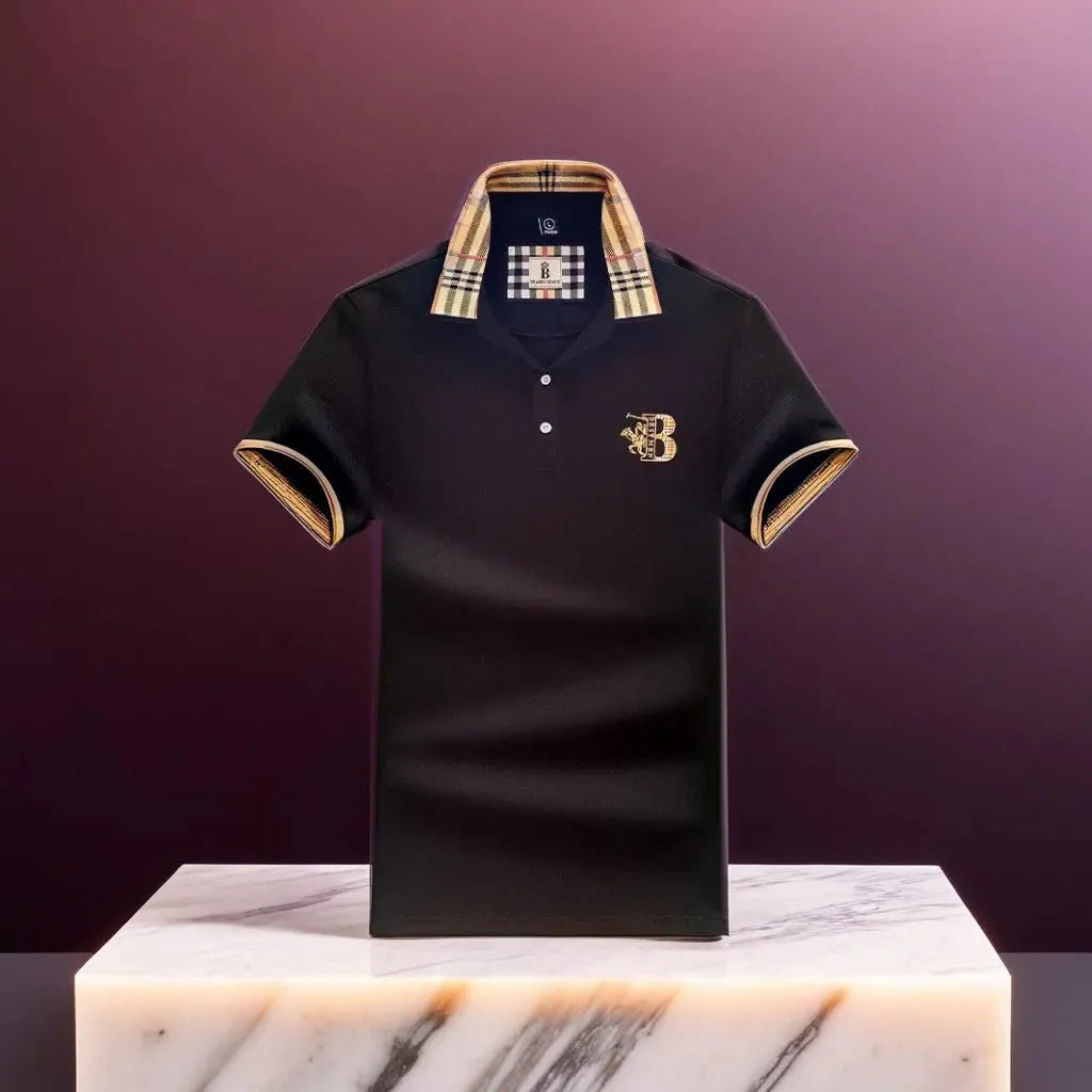Black Men's Polo Shirt — Alfie Plaid Collar Short Sleeve - Brooks Marble Display