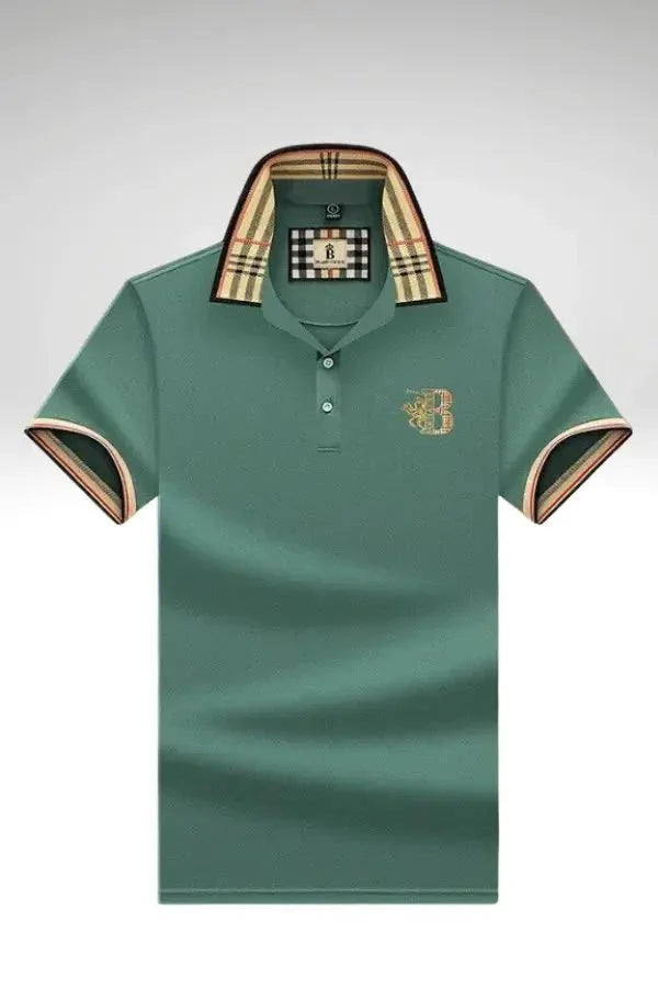 Green Men's Polo Shirt — Alfie Plaid Collar Short Sleeve - Brooks Front Display