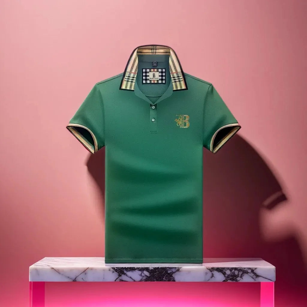 Green Men's Polo Shirt — Alfie Plaid Collar Short Sleeve - Brooks Pink Backdrop