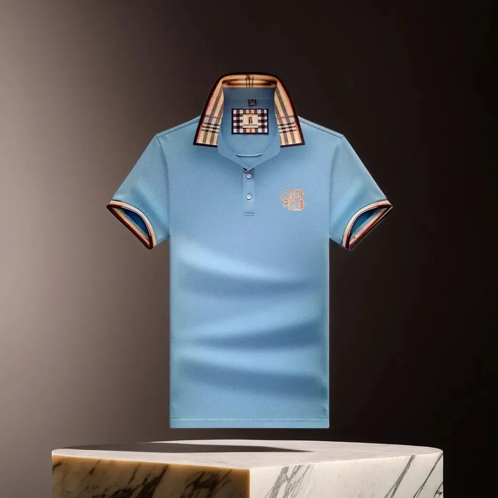 Light Blue Men's Polo Shirt — Alfie Plaid Collar Short Sleeve - Brooks Pedestal Dark