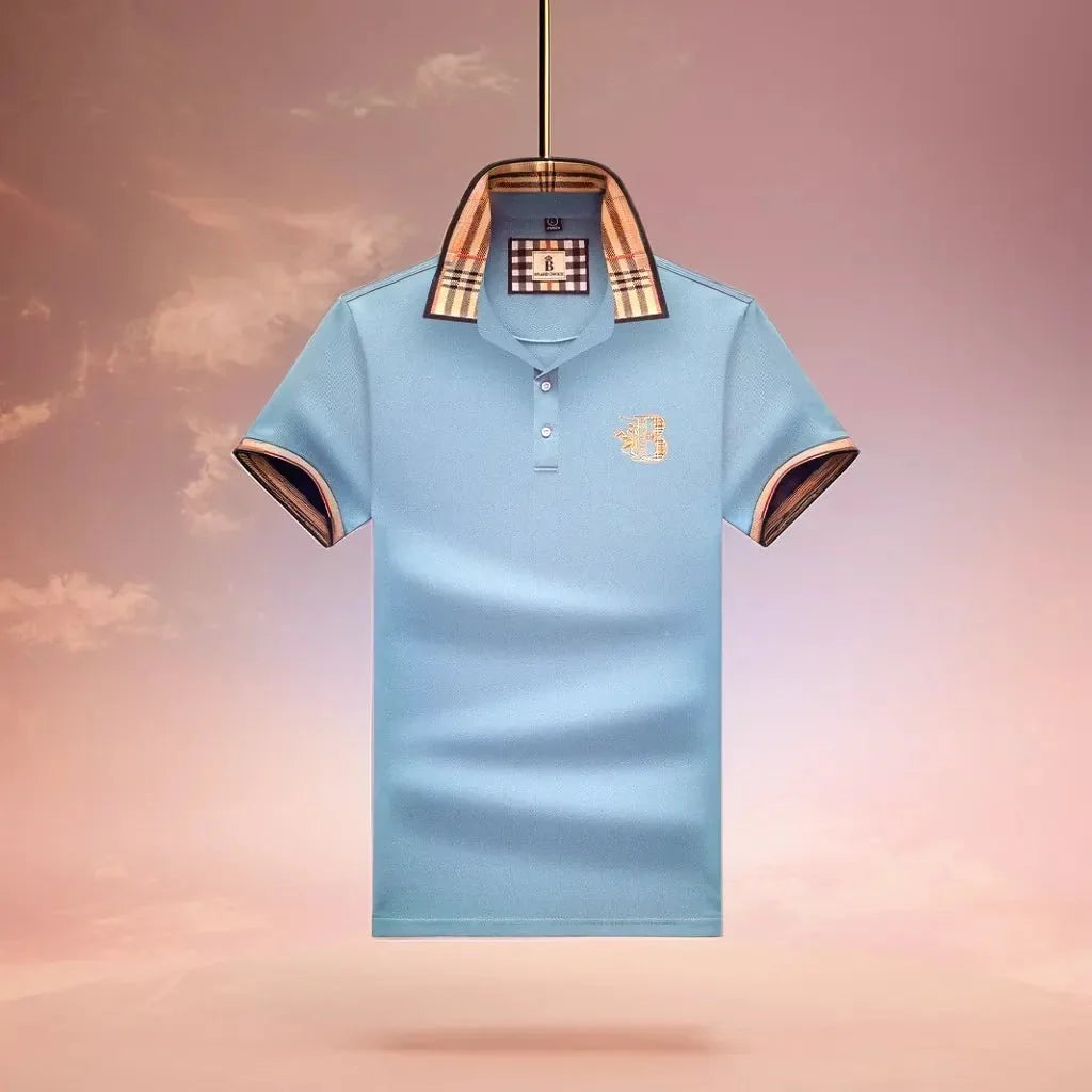Light Blue Men's Polo Shirt — Alfie Plaid Collar Short Sleeve - Brooks Sunset Backdrop