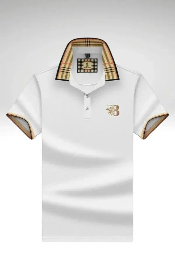 White Men's Polo Shirt — Alfie Plaid Collar Short Sleeve - Brooks Front Collar Detail