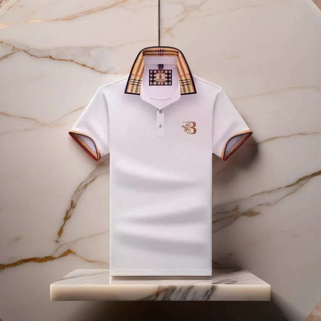 White Men's Polo Shirt — Alfie Plaid Collar Short Sleeve - Brooks Marble Surface
