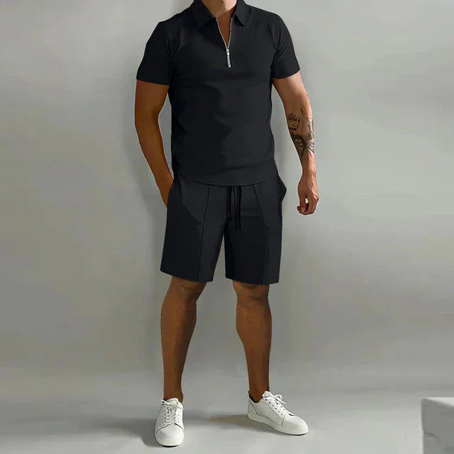 Black Men's Polo And Shorts Summer Set With Short Sleeves - Studio Pose