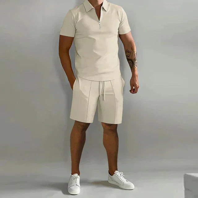 Cream Men's Polo And Shorts Summer Set With Short Sleeves - Model Standing