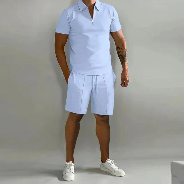 Light Blue Men's Polo And Shorts Summer Set With Short Sleeves - Relaxed Pose