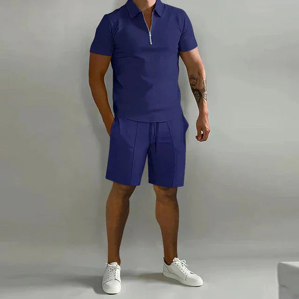 Navy Blue Men's Polo And Shorts Summer Set With Short Sleeves - Front Full
