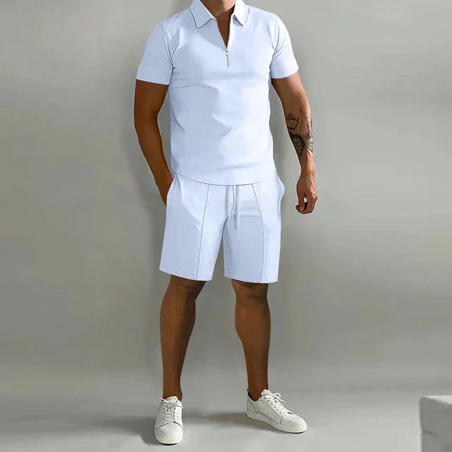 White Men's Polo And Shorts Summer Set With Short Sleeves - Front Styled