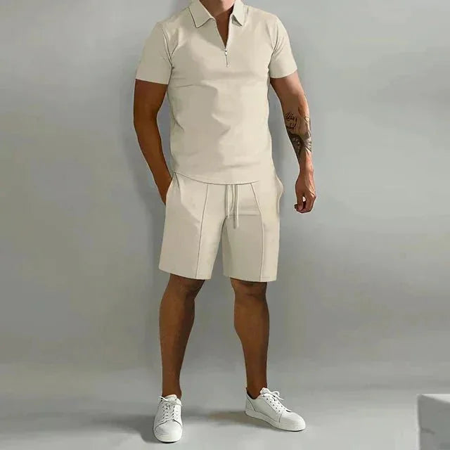 Beige Men's Polo and Shorts Two-Piece Set — Theo Zip-Up Collar Athletic - Lifestyle Wear
