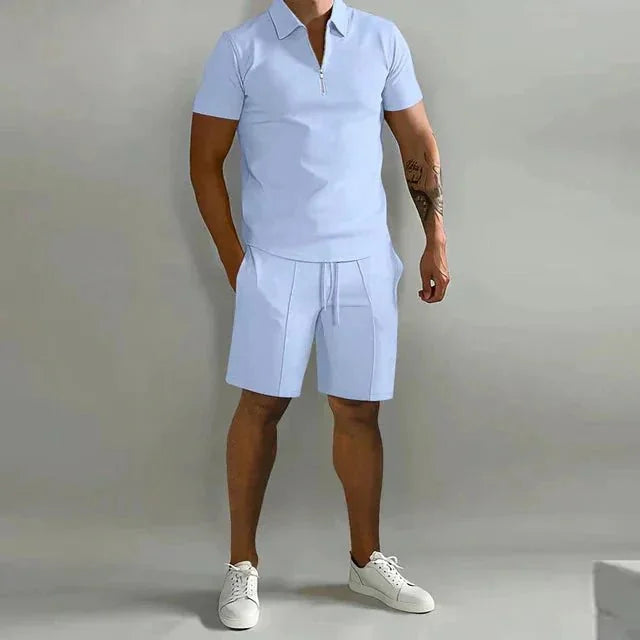 Light Blue Men's Polo and Shorts Two-Piece Set — Theo Zip-Up Collar Athletic - Casual Stance