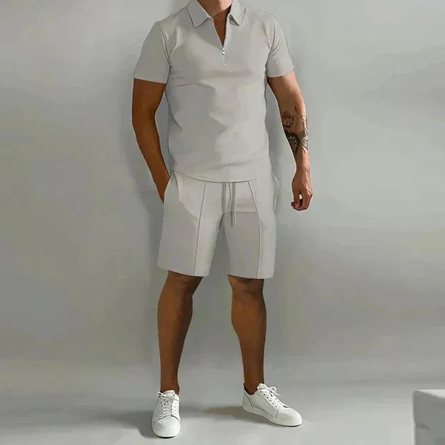 Light Gray Men's Polo and Shorts Two-Piece Set — Theo Zip-Up Collar Athletic - Studio Pose
