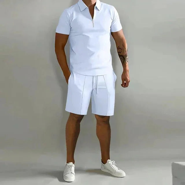 White Men's Polo and Shorts Two-Piece Set — Theo Zip-Up Collar Athletic - Relaxed Pose