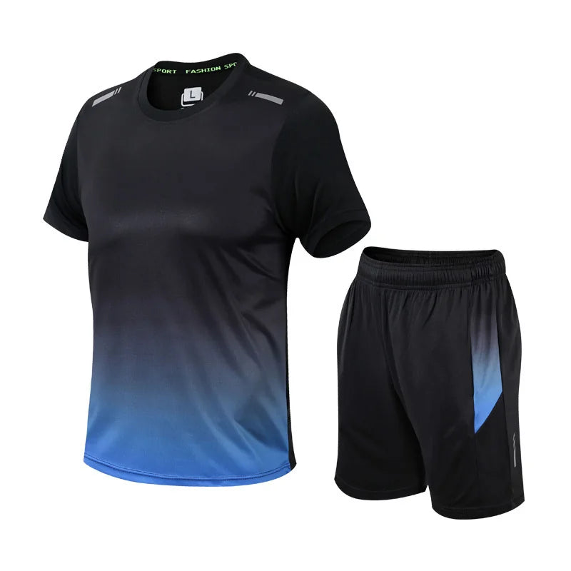 Blue Men's Quick Dry Athletic Set — Ben Gradient Short Sleeve - Front Full