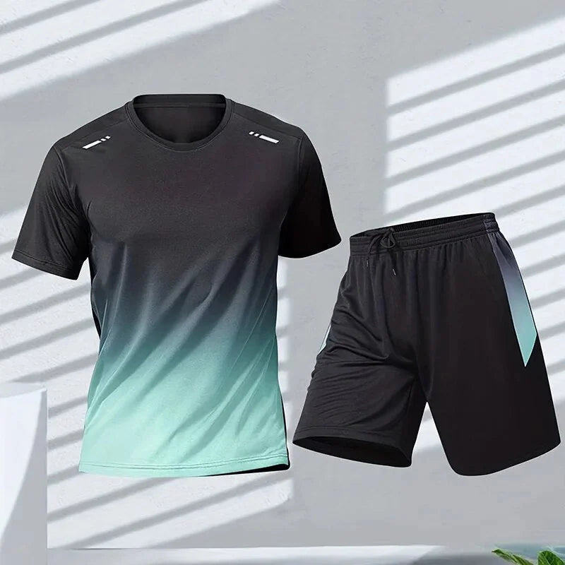 Light Blue Men's Quick Dry Athletic Set — Ben Gradient Short Sleeve - Studio White