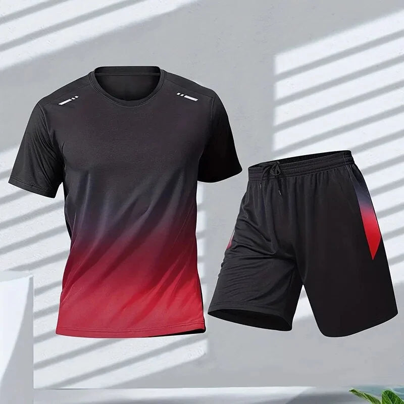 Red Men's Quick Dry Athletic Set — Ben Gradient Short Sleeve - Flat Lay