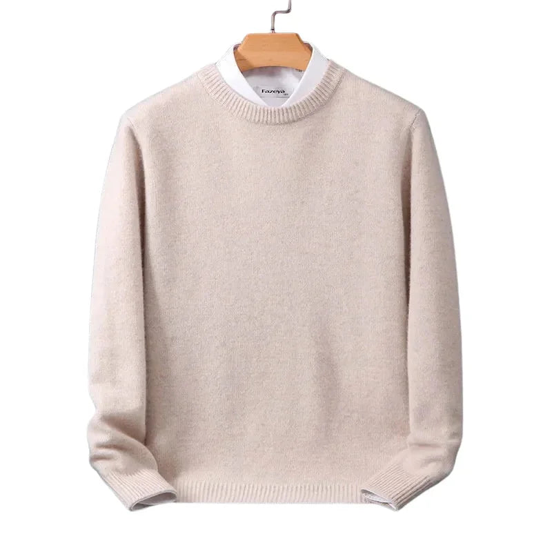 Beige Men's Round Neck Knit Pullover Sweater — Archie Ribbed Long Sleeve - Front Pose