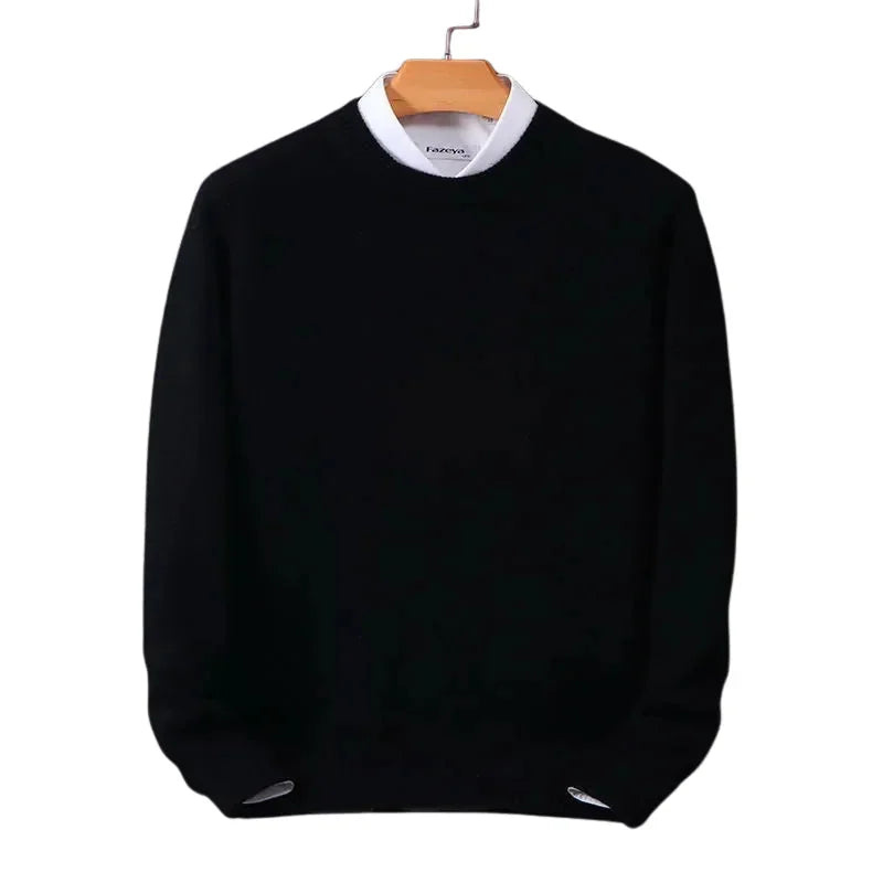 Black Men's Round Neck Knit Pullover Sweater — Archie Ribbed Long Sleeve - Front Studio