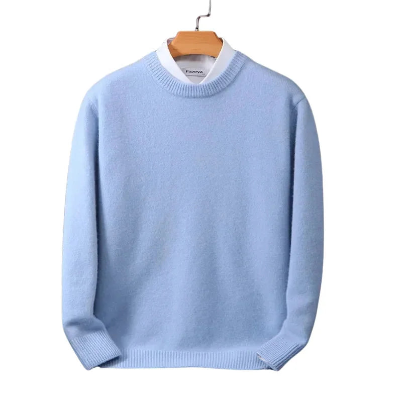 Light Blue Men's Round Neck Knit Pullover Sweater — Archie Ribbed Long Sleeve - Front Casual