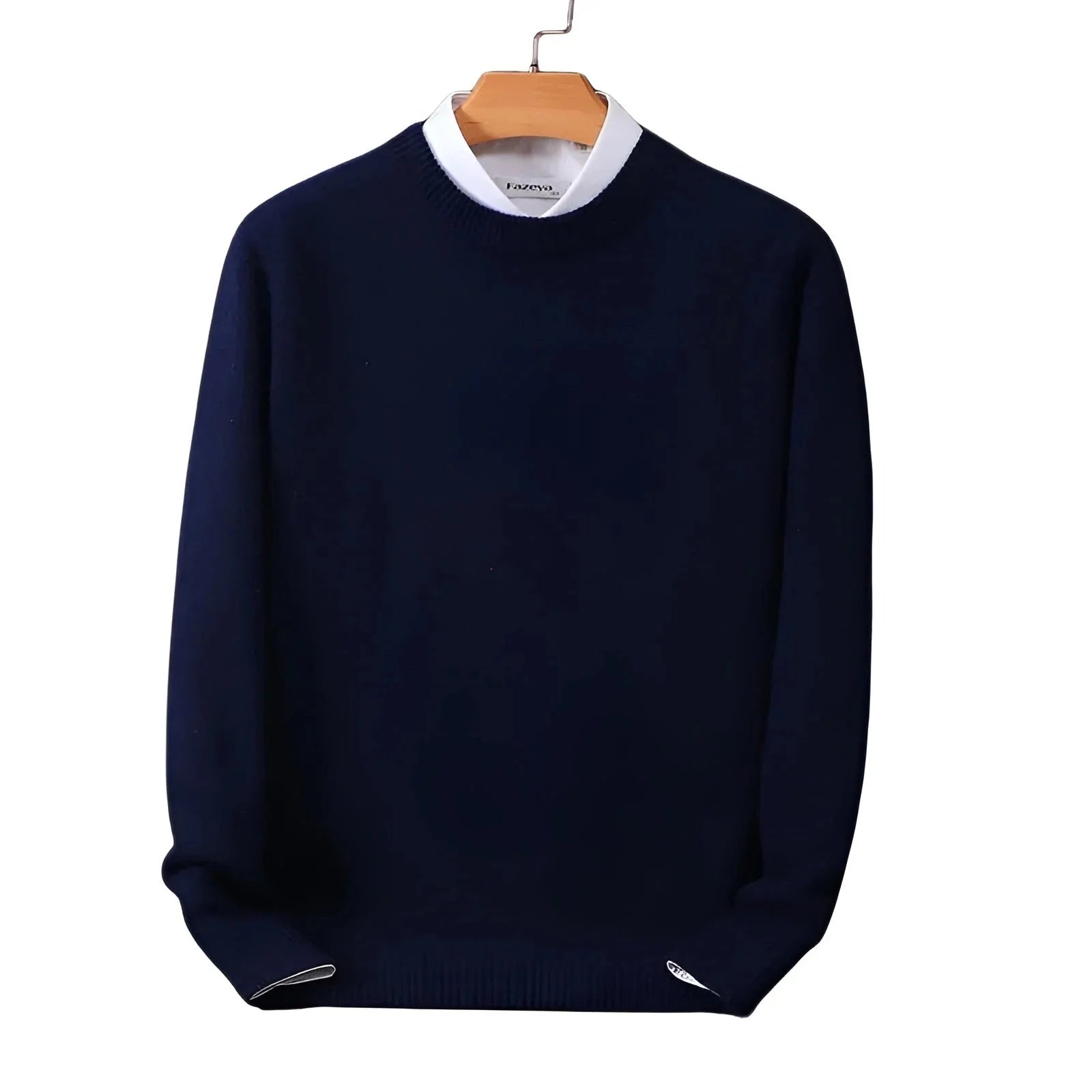 Navy Blue Men's Round Neck Knit Pullover Sweater — Archie Ribbed Long Sleeve - Front Lifestyle