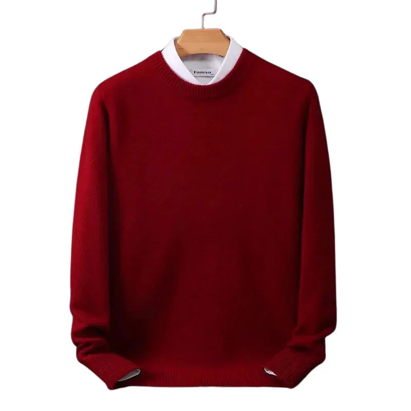 Red Men's Round Neck Knit Pullover Sweater — Archie Ribbed Long Sleeve - Front Flat