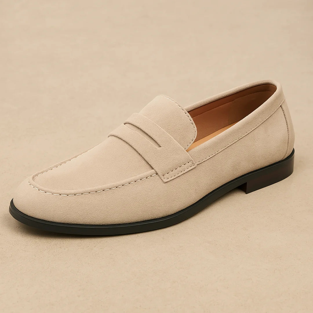 Beige Men's Slip-On Casual Loafers — Elliot Strap Suede - Side Detail
