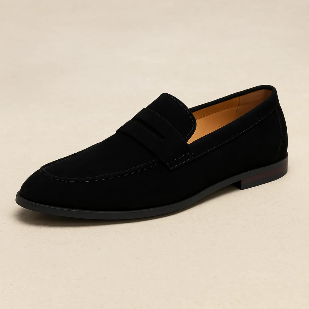 Black Men's Slip-On Casual Loafers — Elliot Strap Suede - Front Full