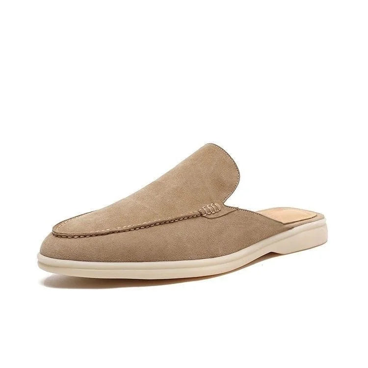 Beige Men's Suede Backless Slip-On Loafers — Hunter Casual Mule Style - Side Profile