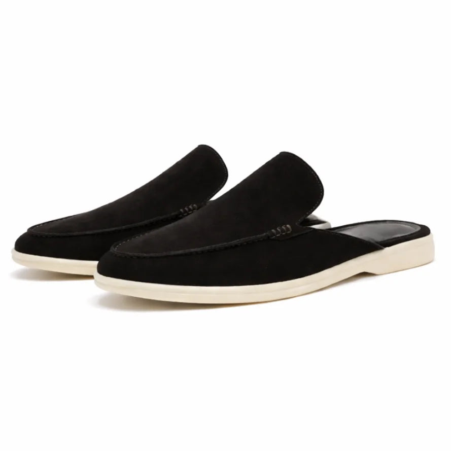 Black Men's Suede Backless Slip-On Loafers — Hunter Casual Mule Style - Front Pair