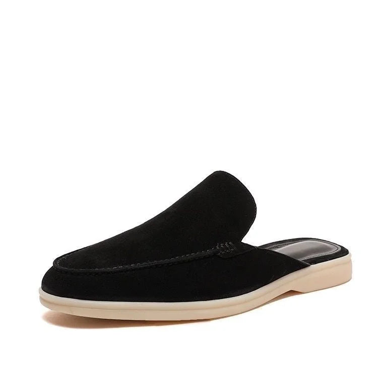 Black Men's Suede Backless Slip-On Loafers — Hunter Casual Mule Style - Side Angle
