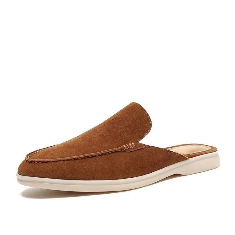 Brown Men's Suede Backless Slip-On Loafers — Hunter Casual Mule Style - Side Full