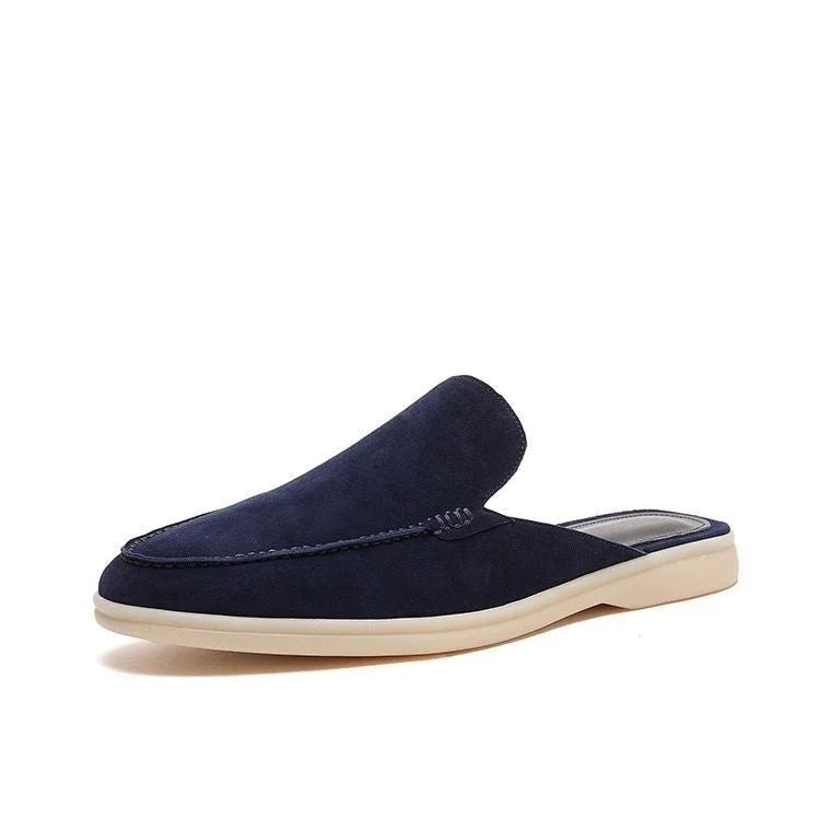 Dark Blue Men's Suede Backless Slip-On Loafers — Hunter Casual Mule Style - Three Quarter View